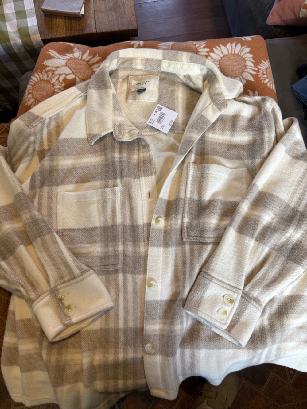American Eagle Cream and Taupe Plaid Button-Up Shacket